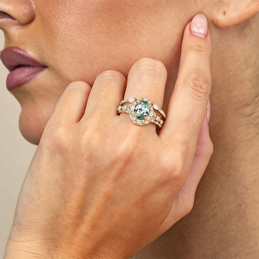 Unique Oval Cut Moss Agate Cluster Engagement Ring Set 3pcs