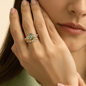 Ember Oval Cut Moss Agate & Moissanite Engagement Ring Set 2pcs
