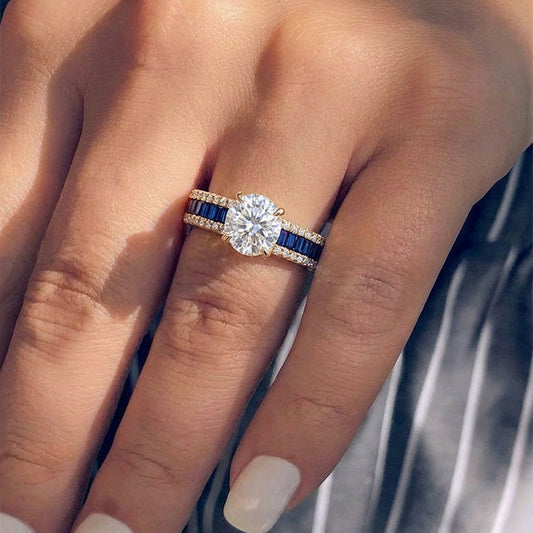 The Ocean Aurora | 1 Carat Round Moissanite & Blue Baguette Ring