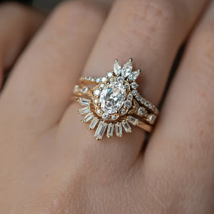 Unique Oval Cut Moissanite Sunflower Engagement Ring Set 3pcs