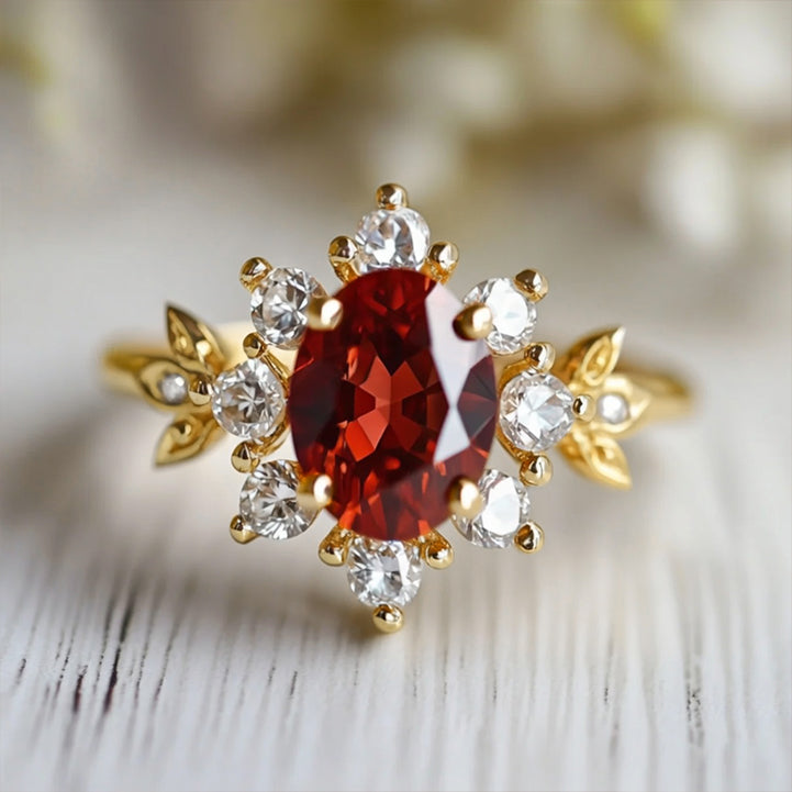 Golden Tudor Bloom | Antique Oval Garnet Engagement Ring