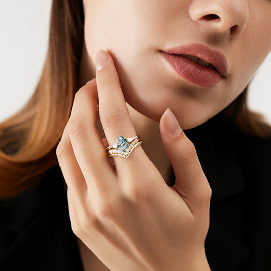 Pear Shaped Moss Agate Pearl Stacking Engagement Ring Set 3pcs