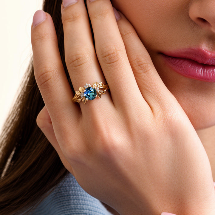 Elenisár Antique Floral Vine Ring with a Teal Sapphire, Blue Sapphire Engagement ring