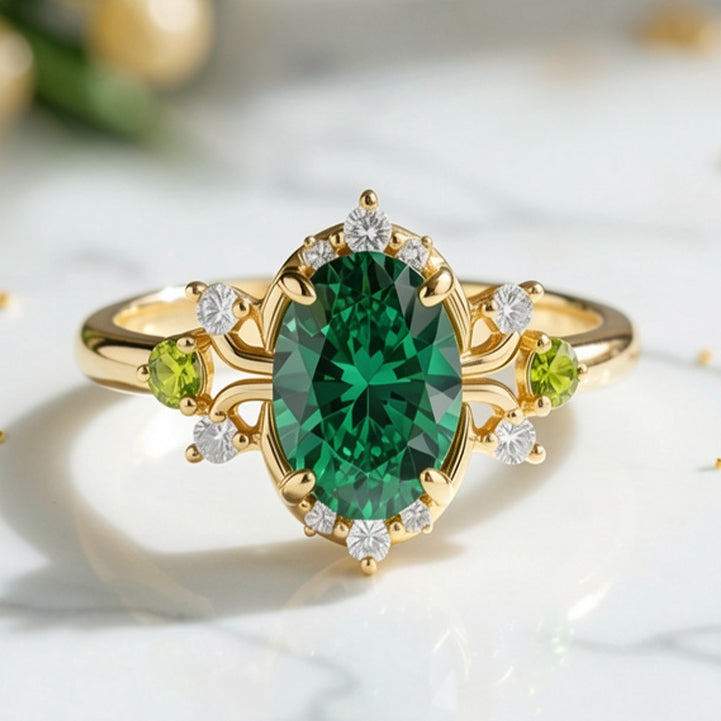 Elysia‘s Veil | Oval Vintage Green Solitaire Ring