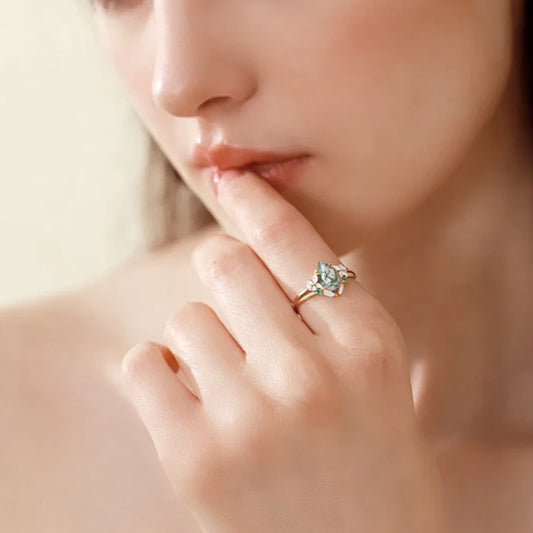 Anya Cluster Pear Shaped Moss Agate Chevron Gold Ring Set 2pcs