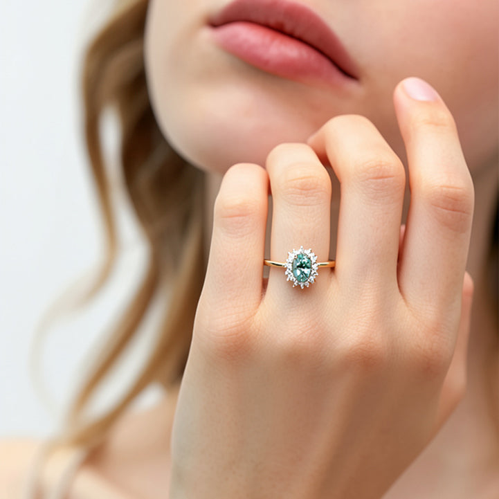 Lewis Oval CutMoss Agate & Moissanite Engagement Ring