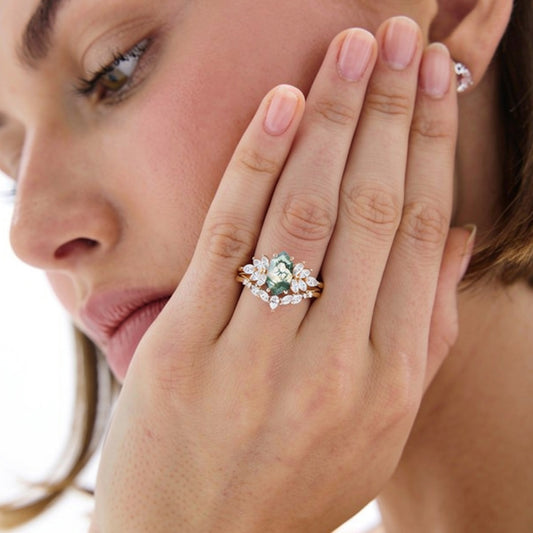 Meadow Hexagon Cut Moss Agate Vintage Ring Set 2pcs