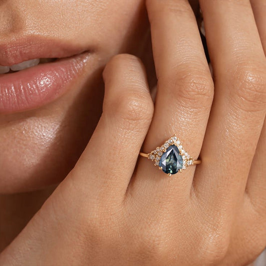 Love Parade Pear-Shaped Sapphire & Partial Diamond Halo Ring, Blue Sapphire Engagement Ring, Sapphire Wedding Ring