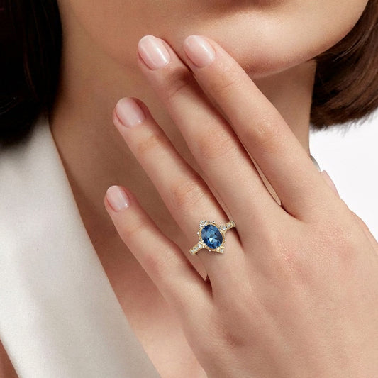 Vintage London Blue Topaz & Moissanite Art Deco Ring