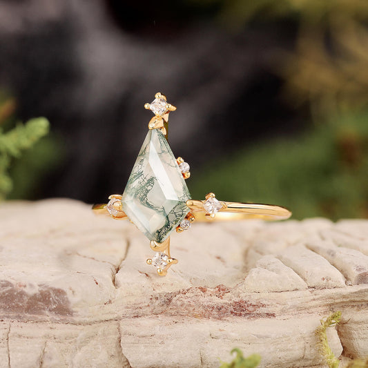 Nature Inspired Kite Cut Moss Agate Engagement Ring