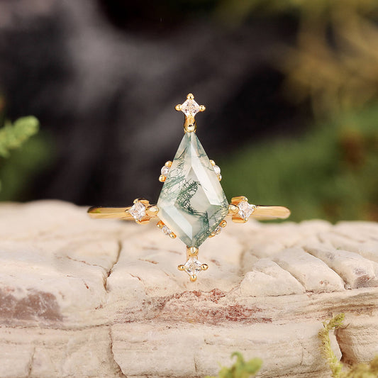 Nature Inspired Kite Cut Moss Agate Engagement Ring