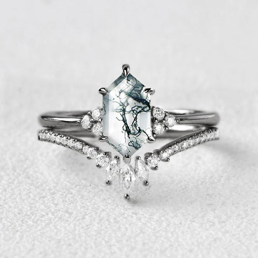 Black Gold Long Hexagon Moss Agate Bridal Ring Set 2pcs - Lydia