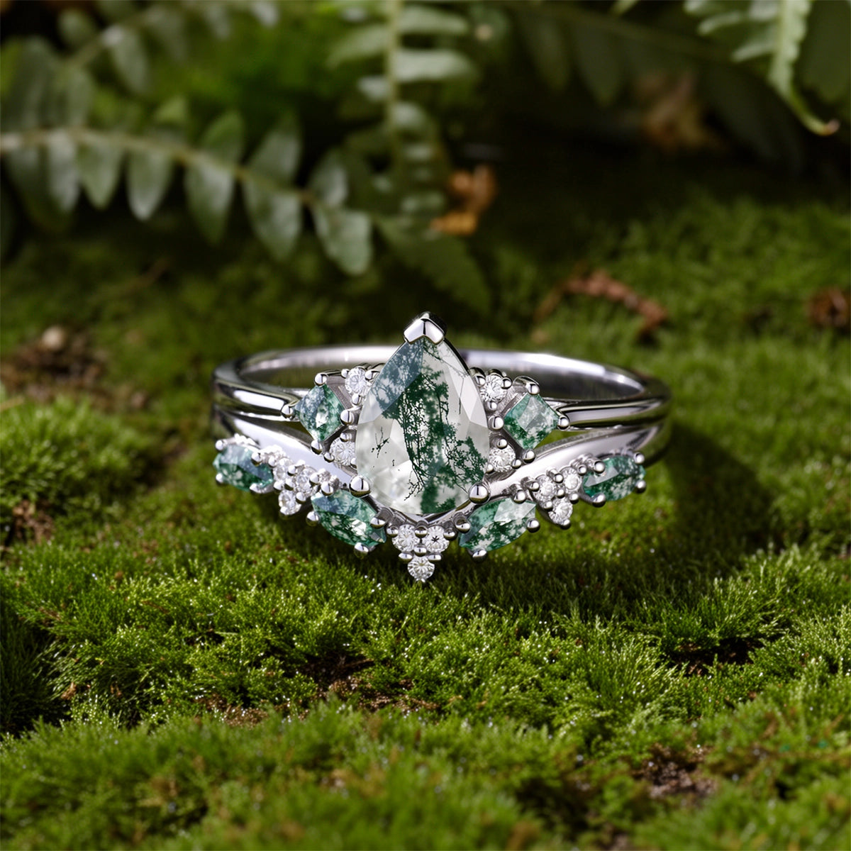 Nature Pear Cut Moss Agate Vine Engagement Ring Set