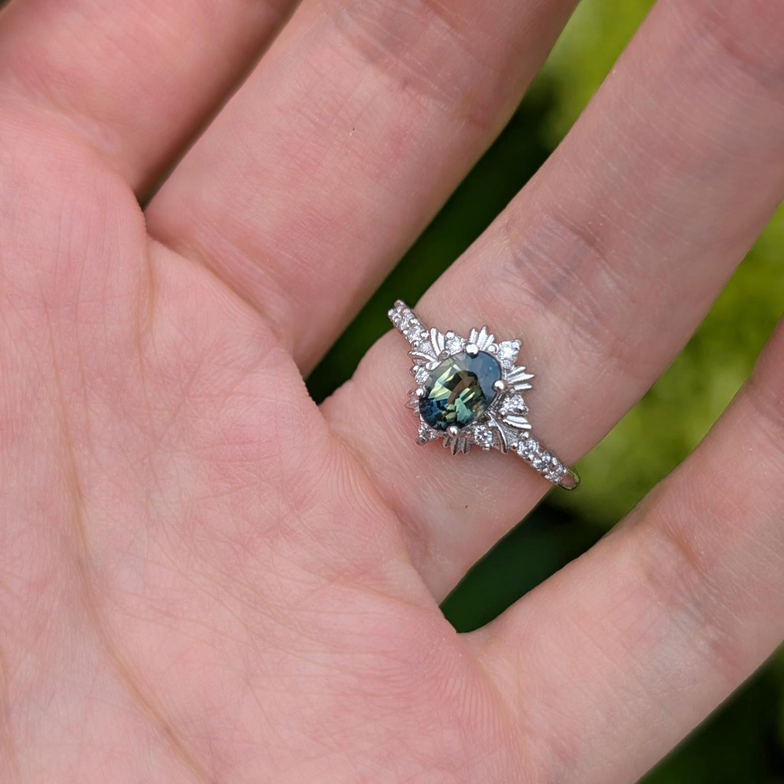 1CT Oval Cut Royal Glow Green Gemstone Halo Engagement Ring