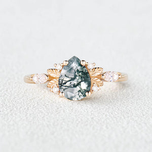 Unique Leafy Pear Shaped Moss Agate Engagement Fairy Ring - Susan