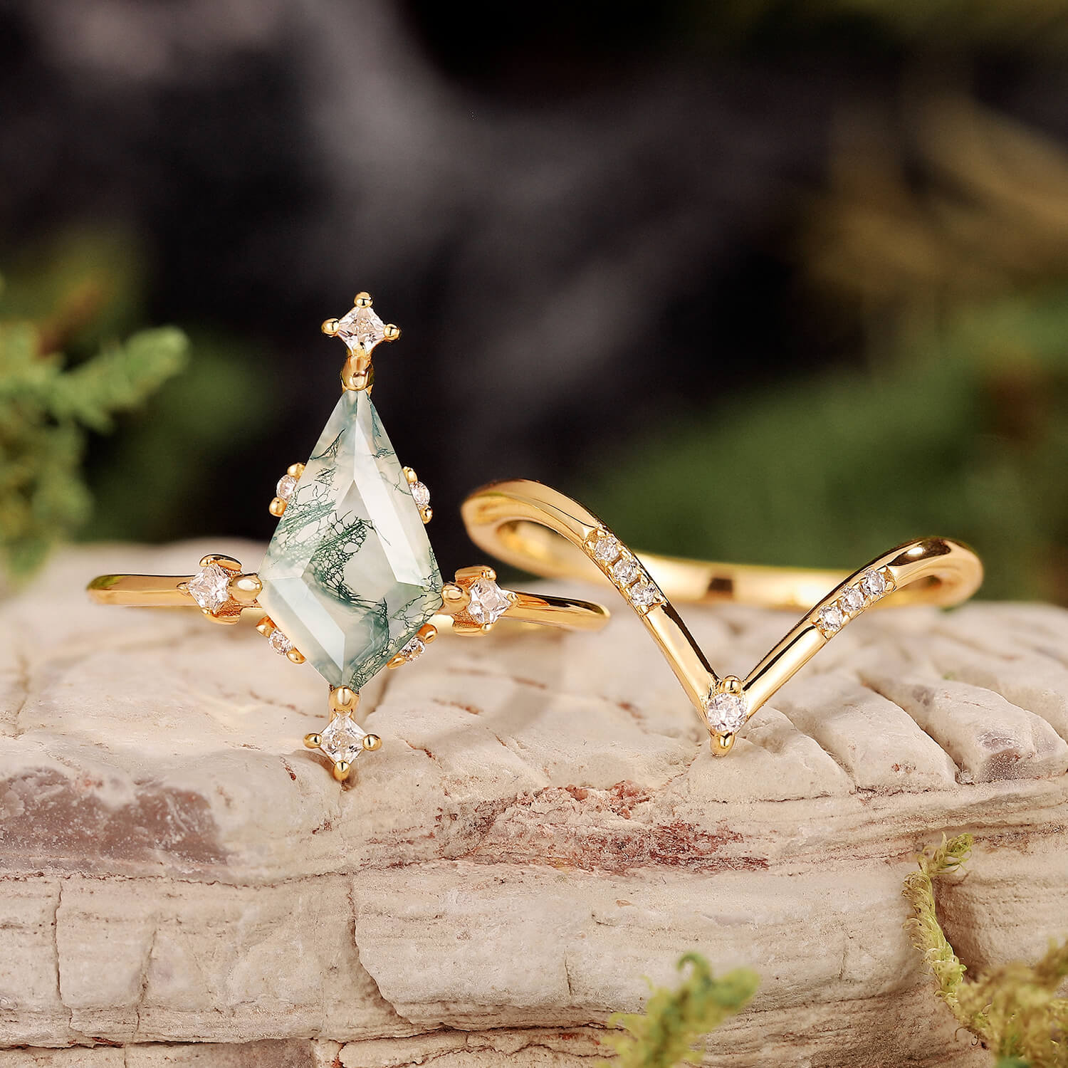 Nature Inspired Kite Cut Moss Agate Engagement Ring Set
