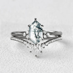 Long Hexagon Moss Agate Bridal Ring Set 2pcs - Lydia