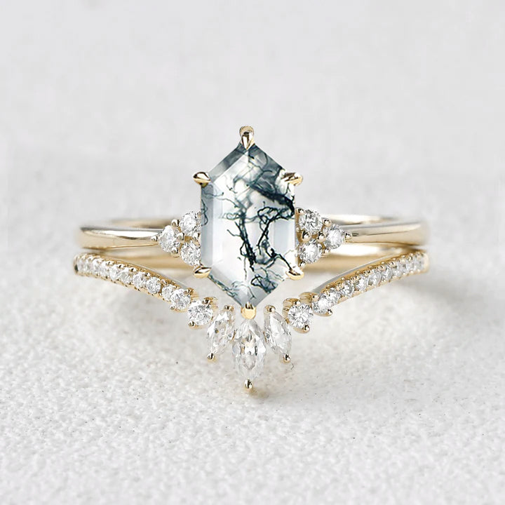 Long Hexagon Moss Agate Bridal Ring Set 2pcs - Lydia