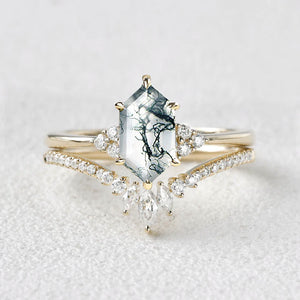 Long Hexagon Moss Agate Bridal Ring Set 2pcs - Lydia
