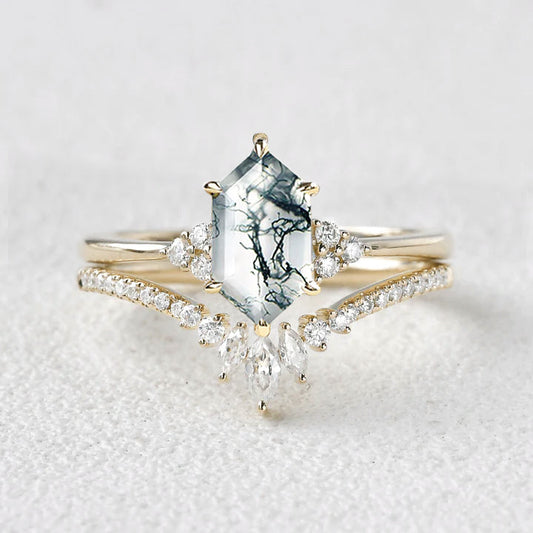 Long Hexagon Moss Agate Bridal Ring Set 2pcs - Lydia