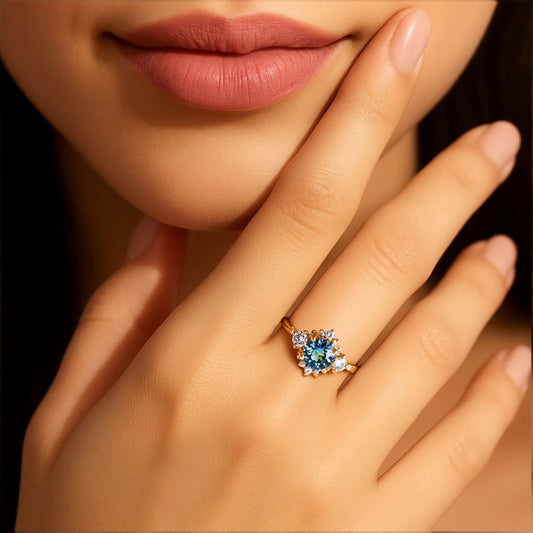 Blue Sapphire and Diamond Halo Engagement Ring – Round Cut in Eternal Elegance