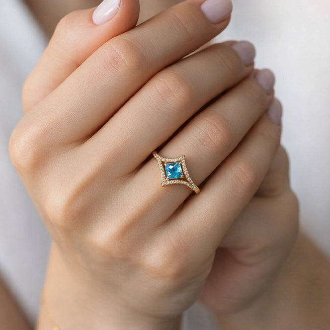 Marina’s Sparkle | 2CT Princess Cut Blue Sapphire Halo Ring