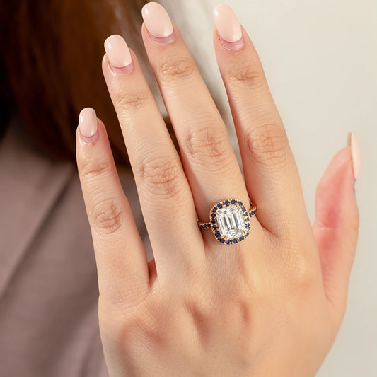 Aurora’s Gleam | 2CT Emerald Cut Halo Moissanite Ring