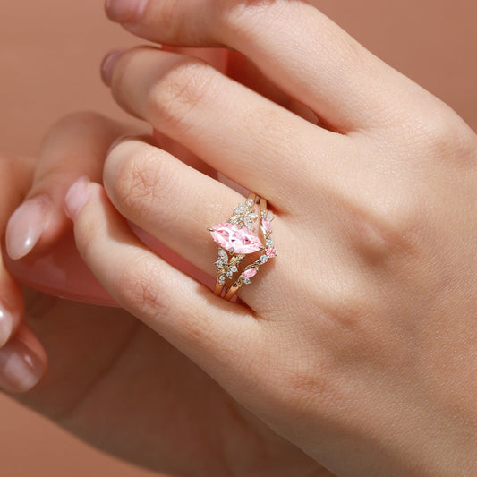 Peony's Bloom | Marquise Pink Sapphire Bridal Set 2pcs