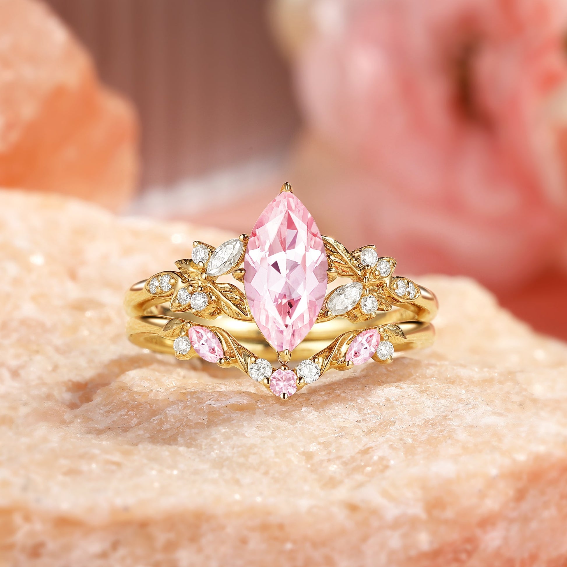 Peony Marquise Lab Pink Sapphire Leafy Engagement Ring Sets 2pcs