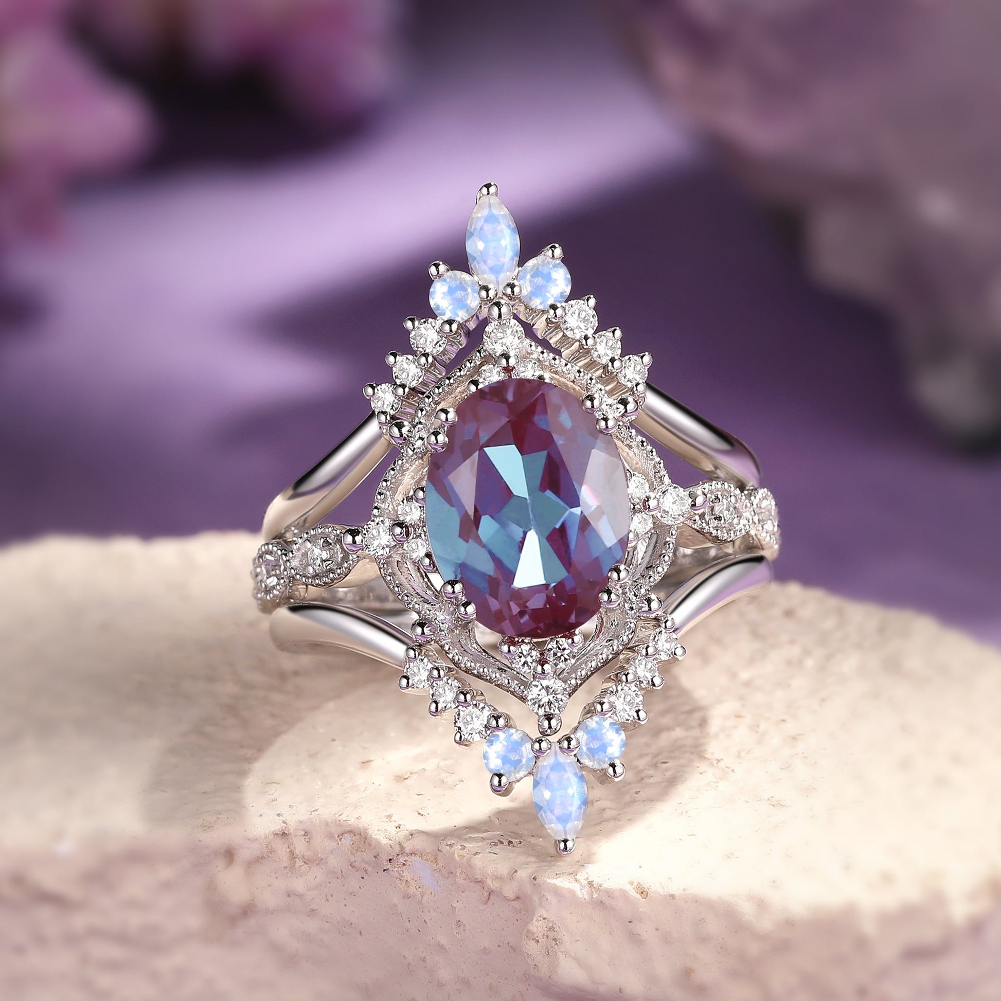 1.5CT Alexandrite Signature Vintage Luna Ring Set 3pcs