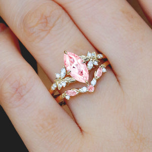 Peony Marquise Lab Pink Sapphire Leafy Engagement Ring Sets 2pcs