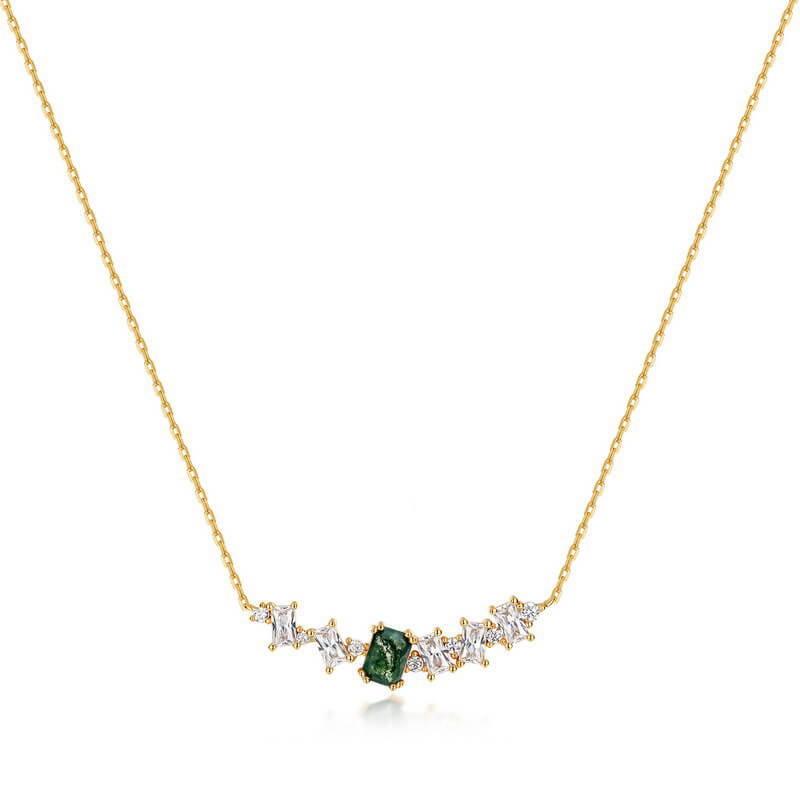 Gold Natural Moss Agate Curve Pendant Necklace