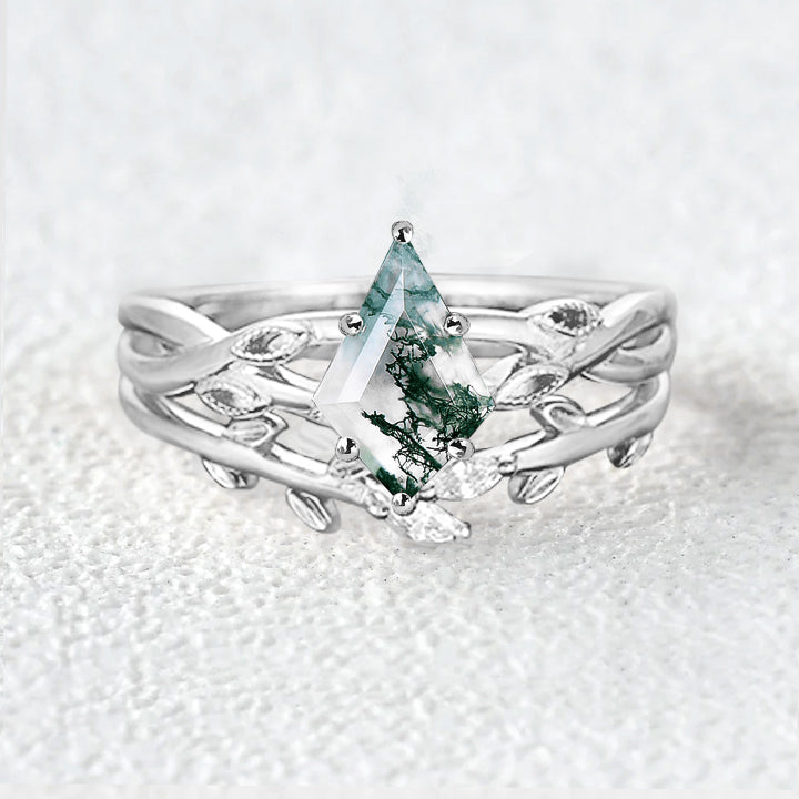 Kite Cut Nature Inspired Moss Agate Ring Sets 2pcs