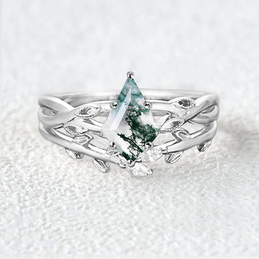 Kite Cut Nature Inspired Moss Agate Ring Sets 2pcs