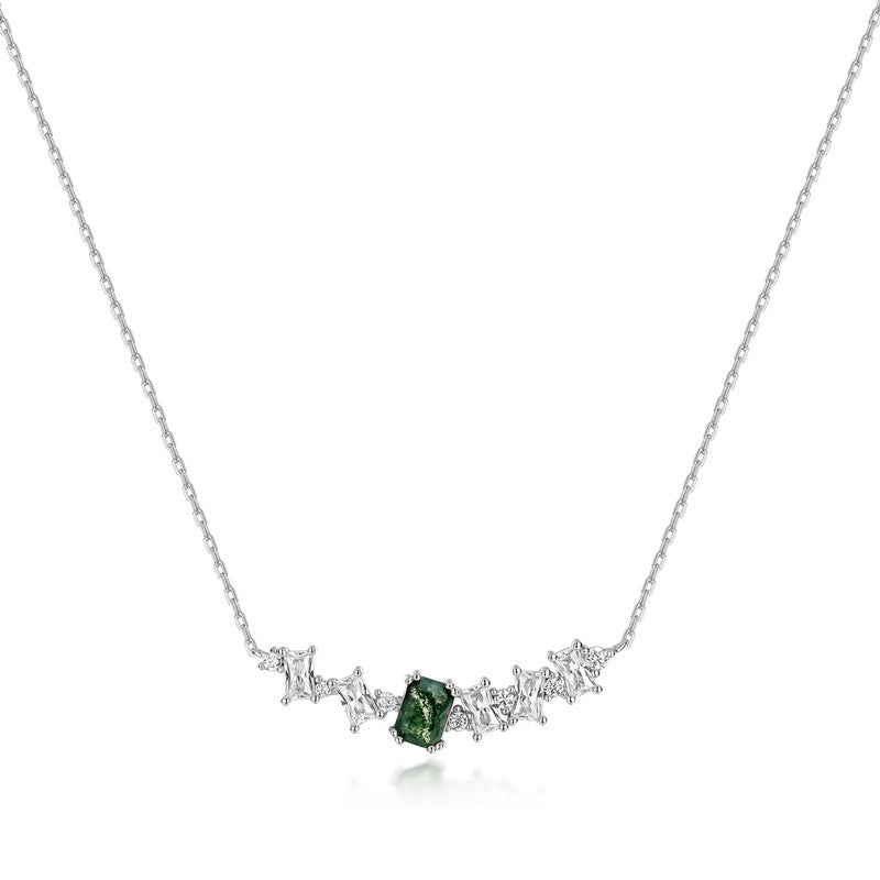 Gold Natural Moss Agate Curve Pendant Necklace
