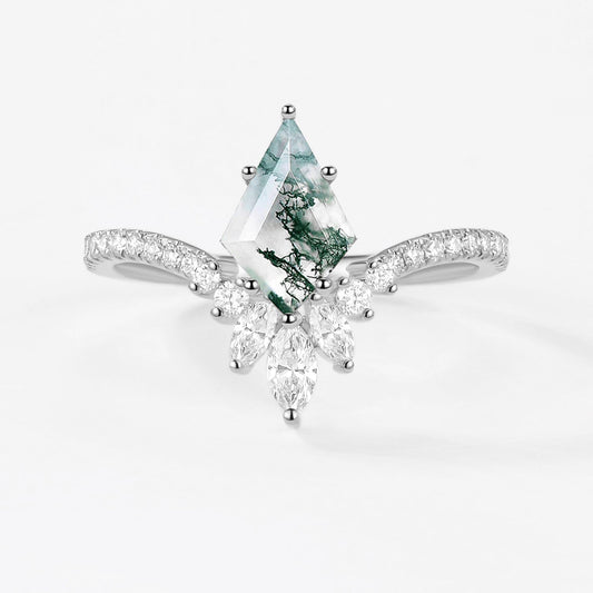 Kite Cut Moss Agate Chevron Engagement Ring - Sylph