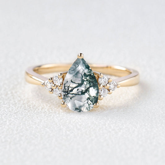 1.5ct Signature Pear Moss Agate Vintage Cluster Ring - Lydia