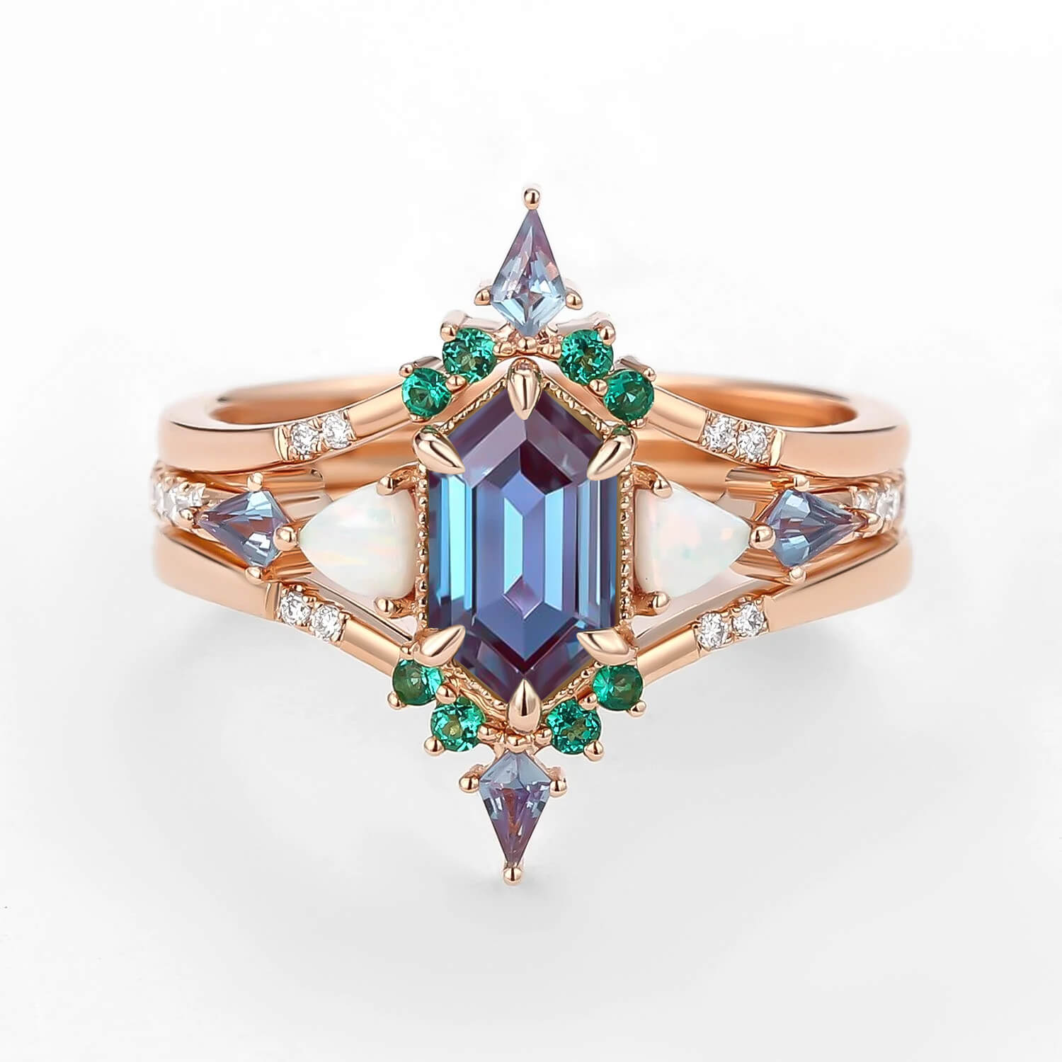 Max Hexagon Moss Agate & Opal & Alexandrite & Emerald Engagement Ring Set 3pcs