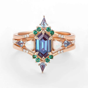 Max Hexagon Moss Agate & Opal & Alexandrite & Emerald Engagement Ring Set 3pcs
