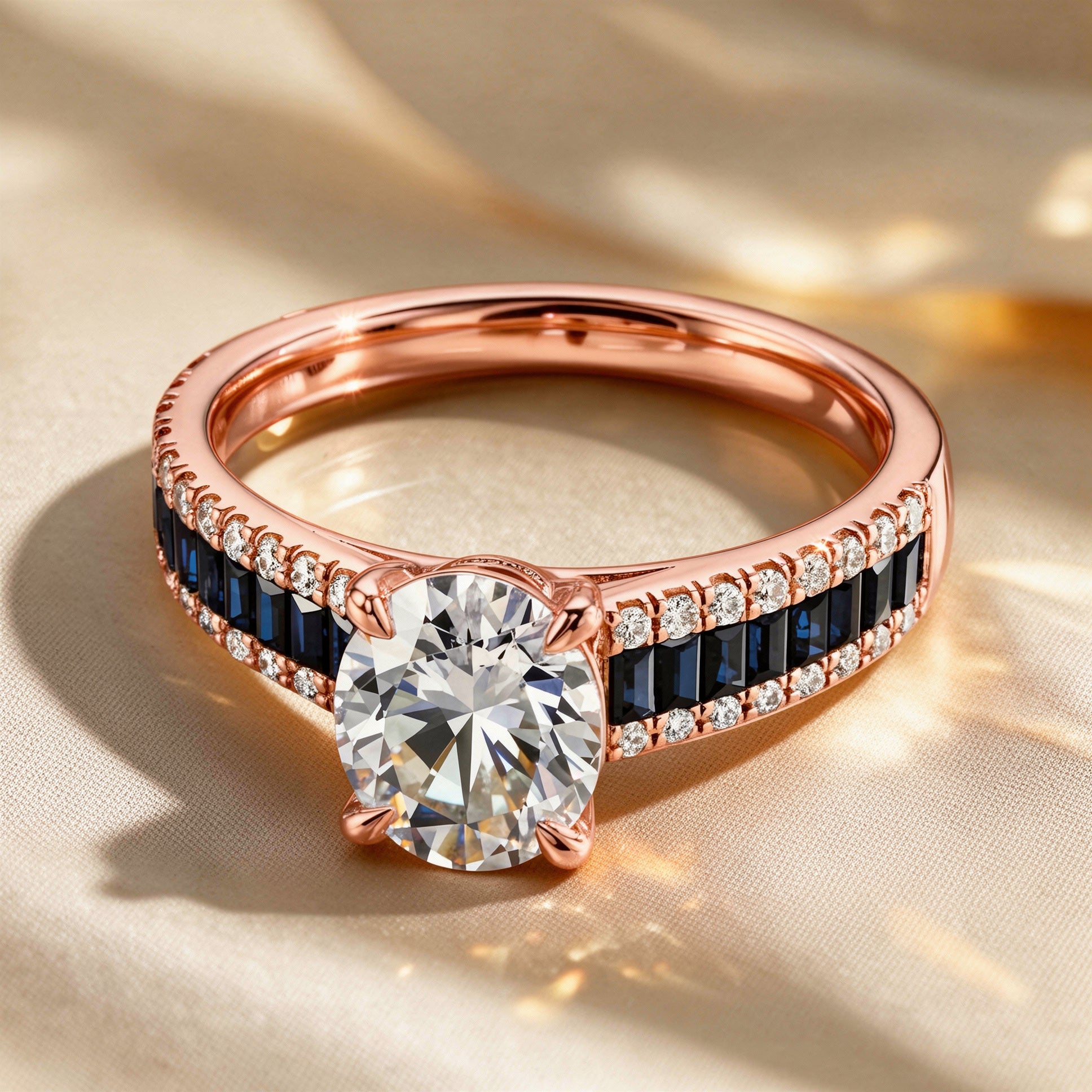 The Ocean Aurora | 1 Carat Round Moissanite & Blue Baguette Ring