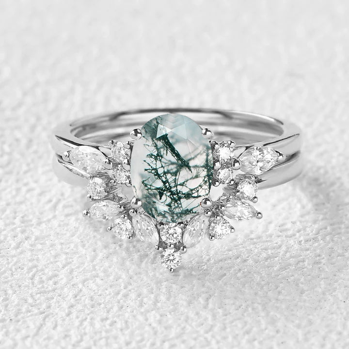 1.5ct Oval Cut Moss Agate Stacking Engagement Ring Set 2pcs