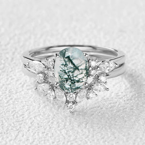 1.5ct Oval Cut Moss Agate Stacking Engagement Ring Set 2pcs