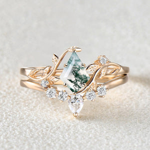 Nature Inspired - Unique Kite Cut Moss Agate Leafy Ring & Necklace & Earrings Sets 5PCS - Willow Jewelry Sets
