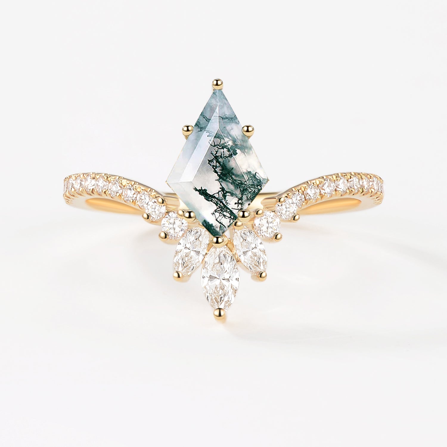 Kite Cut Moss Agate Chevron Engagement Ring - Sylph