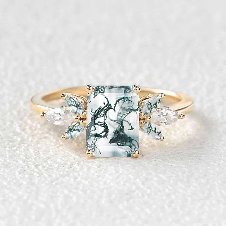 Emerald Cut Moss Agate Cluster Wing Engagement Ring