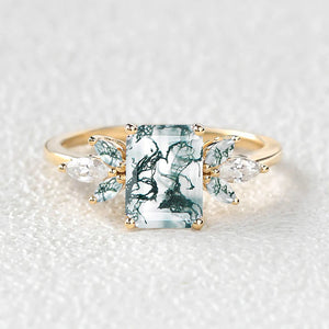 Emerald Cut Moss Agate Cluster Wing Engagement Ring