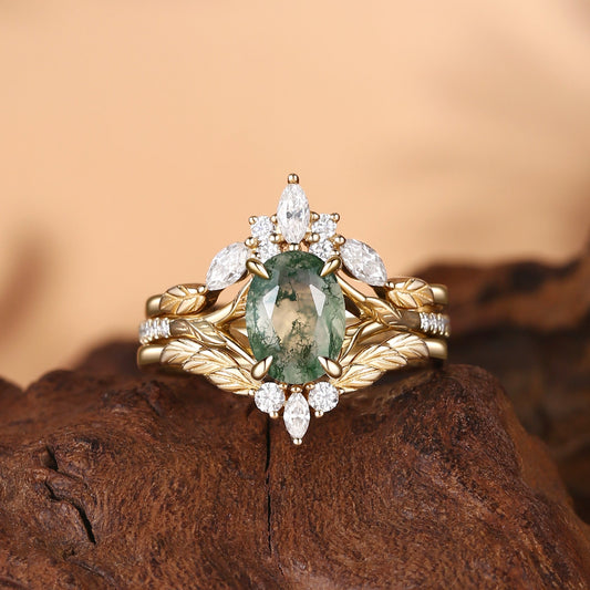 Unique Oval Cut Moss Agate Leafy Cluster Bridal Set