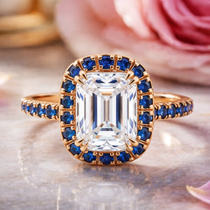 Aurora’s Gleam | 2CT Emerald Cut Halo Moissanite Ring