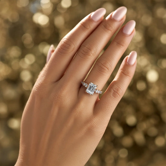 The Celestine 2CT Emerald Cut Moissanite Ring