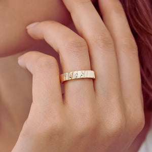 The Grain & Stars | Hand-Carved Wood Texture Band with Diamonds